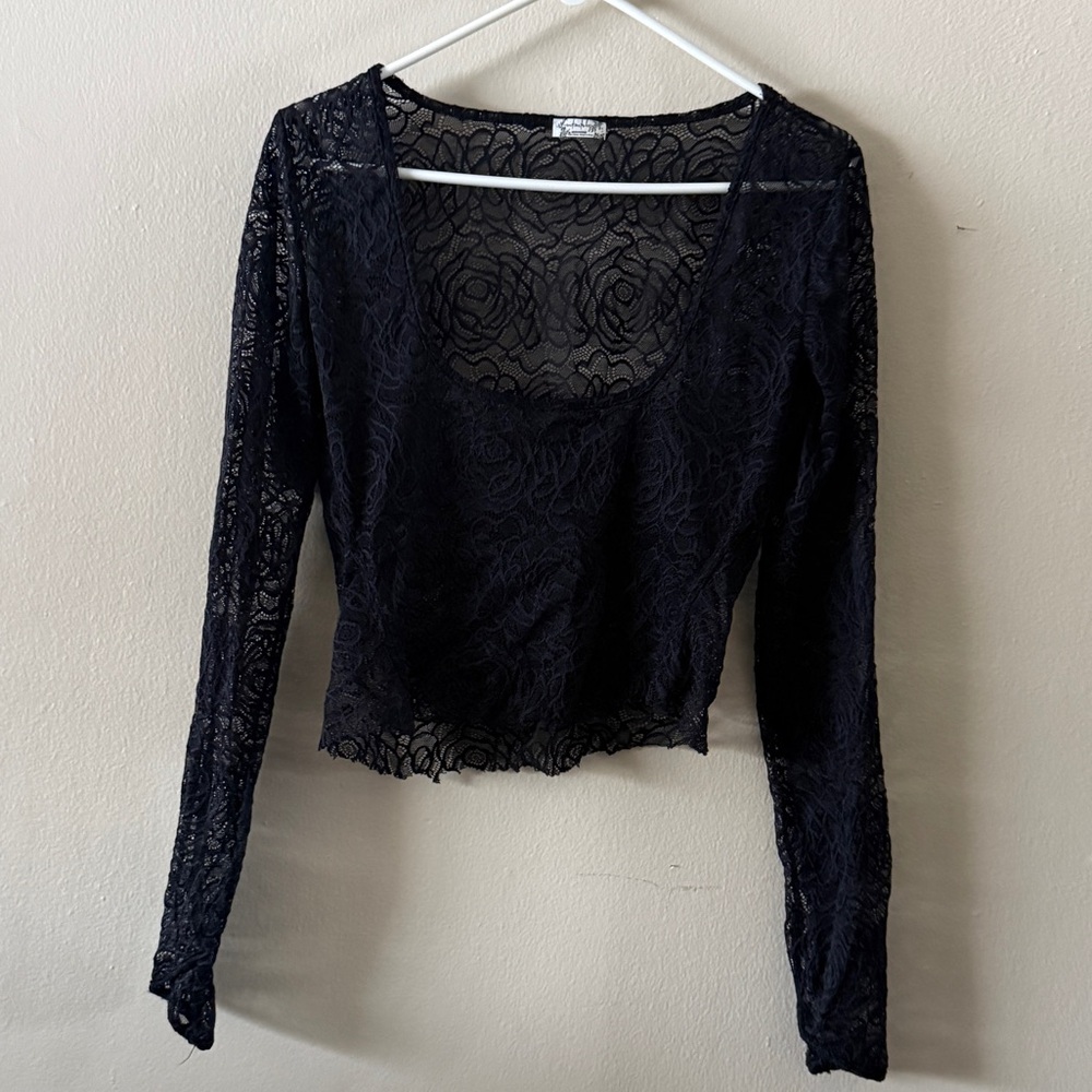 Free People Intimately Black Floral Lace Scoop Neck Long Sleeve Top Size L